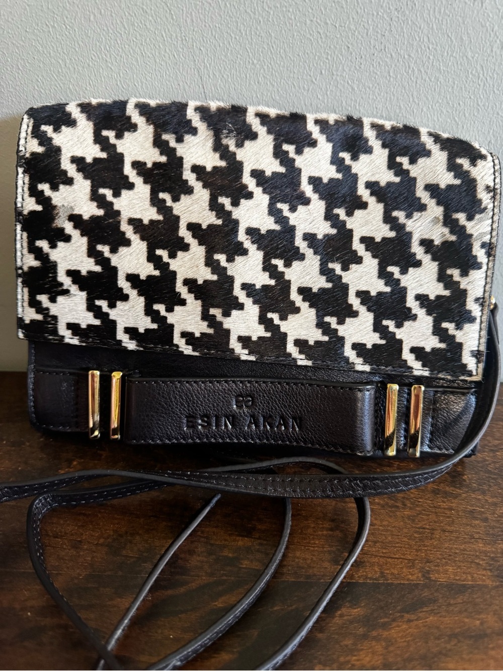 Esin Akan Houndstooth Cowhide Flap Bag Black White